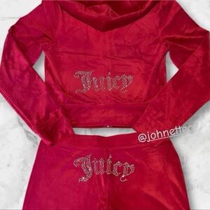 🔥JUICY COUTURE OG Bling Velour Iconic Tracksuit Hoodie & Pants Flash Red Y2K XL